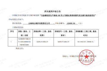 马金铺疫苗生产基地168号2号楼水系统纯蒸汽发生器升级改造项目-所内谈判中标公告