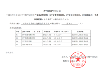 “实验动物饲料（SPF级繁殖颗粒料、SPF级维持颗粒料、SPF级豚鼠料、普通级豚鼠料）单价采购”中标结果公告